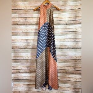 Anthropologie Farm Rio Geometric Striped Colorblock High Neck Halter Maxi Dress